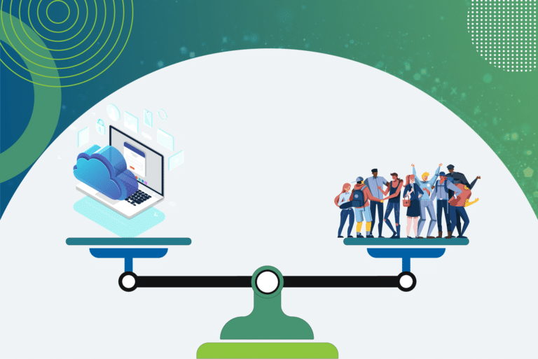 Illustrated scale with computer and cloud icons on one side and a group of people on the other
