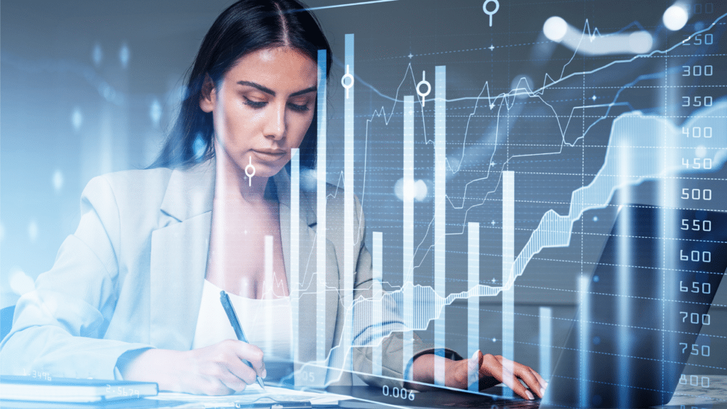 Businesswoman analyzing data on digital lending using advanced technology.