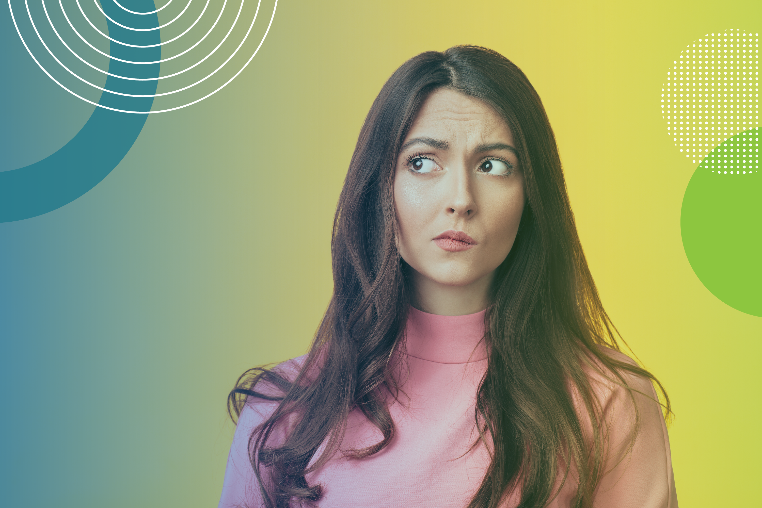 Young woman looking confused, wearing a pink shirt against a colorful abstract background.