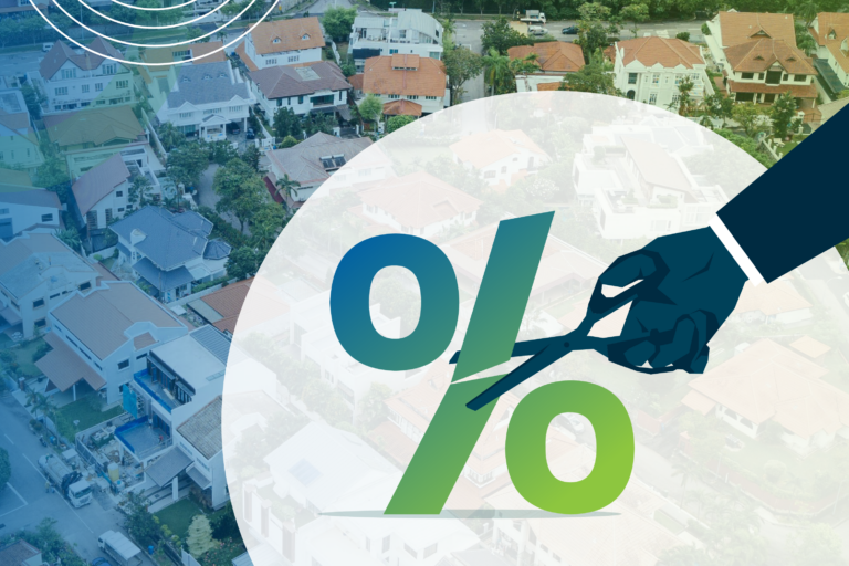Illustration depicting interest rate cuts, with a hand cutting through a percentage symbol against a neighborhood aerial view. Perfect for articles on mortgage rates and their effects on homeownership.